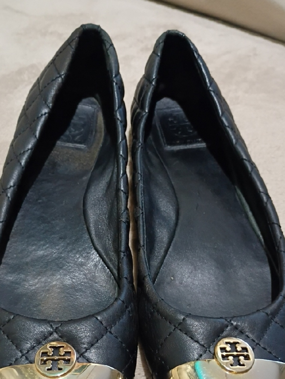 Tory Burch Black Quilted Ballet Flats with Gold Cap Toe. - Picture 8 of 10